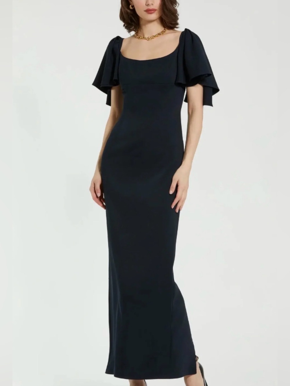 NWT Mac Duggal Black Maxi Scoop Neck Dress Ruffle Short Sleeve Sz 2 READ FLAW